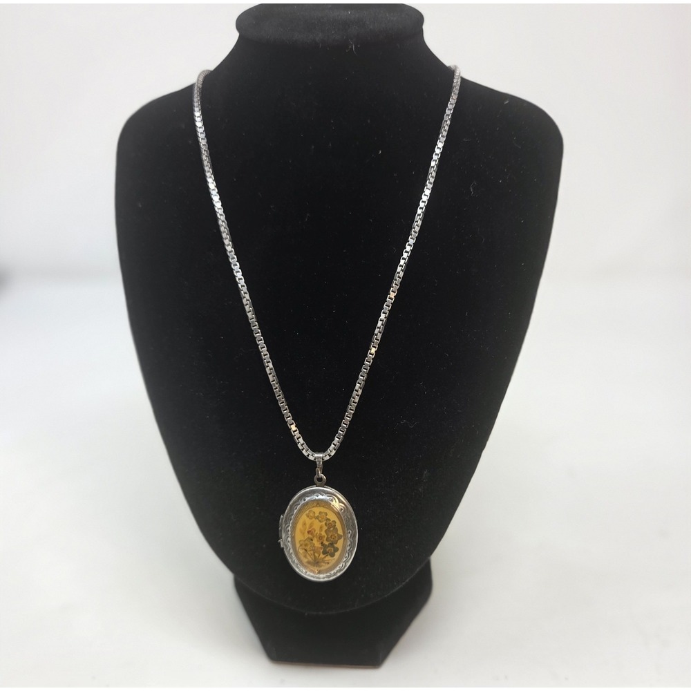 Sterling Silver 925 Oval Locket Necklace Pressed Flowers Engraved Box Chain 24"